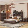 4-Pieces Bedroom Sets Queen Size Vintage Wooden Bed Frame with 2 Nightstands and 1 Dresser,Dark Walnut