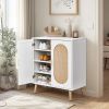 FCH 2-door vertical shoe cabinet particle board + plastic rattan white frame + original wood rattan surface + gold high feet