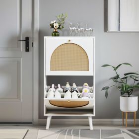 FCH 2 dump buckets with high feet round rattan shoe cabinet particle board + plastic rattan 54*24*98cm white frame + original wood rattan surface + go