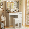 Farmhouse Makeup Vanity Desk with Mirror and Lights, 3 Lighting Modes, Vanity Set with Stool, Dressing Table with Adjustable Shelves