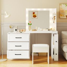 55.2" Vanity Desk with Freely Adjustable Side Cabinet, Makeup Vanity with Hollywood Lights, 5 Storage Drawers & 2-shelves, Modern Dressing Table