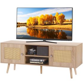 VEVOR Rattan TV Stand, Boho TV Cabinet for 55 inch TV, Mid Century Modern TV Stand, Rattan TV Console with Adjustable Shelfs for Living Room