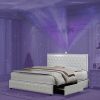 King size bed frame with 4 drawers, Star Galaxy Projector, USB Charger, Music Speaker, Adjustable Upholstered Headboard with Diamond Button,PU Leather