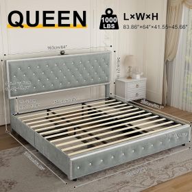 Queen size bed frame with 4 drawers, Star Galaxy Projector, USB Charger, Music Speaker, Adjustable Upholstered Headboard with Diamond Button,Velvet