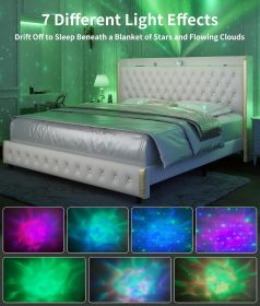 Queen Size Wingback Upholstered Platform Bed Frame with Galaxy Projector, Diamond Button Headbaord, USB Charger, Music Speaker, Velvet