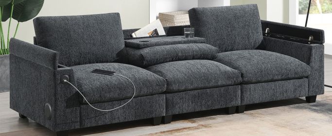 96*35''Chenille Sectional Sofa with Bluetooth Speaker,Comfy Cloud Couch Set with Drop Down Table,Cup Holders,USB Charger,Storage Armrest