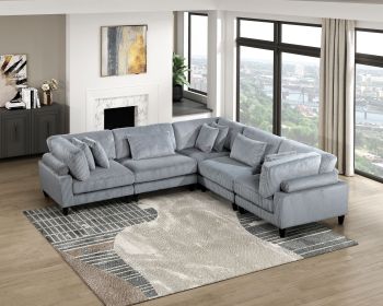 5pc Modular Sectional Set Gray Corduroy Upholstery 2x Armless Chairs 3x Corner Seats Soft Pillows Living Room Furniture