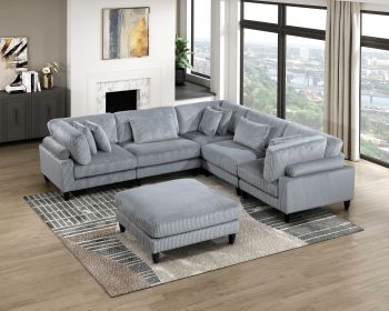 6pc Modular Sectional Set Gray Corduroy Upholstery 2x Armless Chairs 3x Corner Seats 1x Ottoman Pillows Living Room Furniture