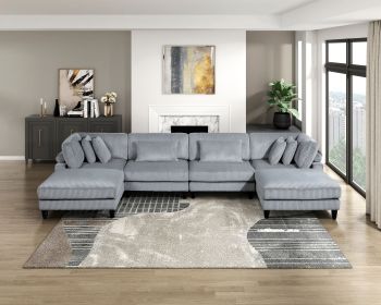 6pc Modular Sectional Set Gray Corduroy Upholstery 2x Armless Chairs 2x Corner Seats 2x Ottomans Pillows Living Room Furniture