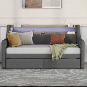 Twin Size Daybed with Storage Drawers, Upholstered Daybed with Charging Station and LED Lights, Gray(Old Item W1580S00034)