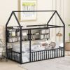 Twin Size Metal Bed House Bed Frame with Fence and Shelves, Black