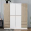 6-Doors Wooden Wardrobe Storage for Bedroom,with 4 Drawers,White+Nature