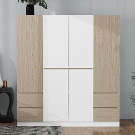 6-Doors Wooden Wardrobe Storage for Bedroom,with 4 Drawers,White+Nature