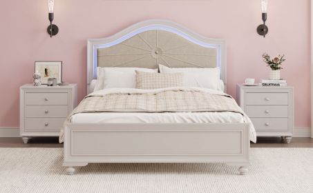 Modern Queen Size Wood Bed with Hidden LED Light Upholstered Curved Headboard, No Box Spring Needed, Cream Grey