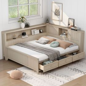 Full Size Wood Daybed with Storage Shelves and 3 Drawers, Antique White Milk