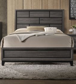 Grey Finish 1pc King Size Panel Bed Beautiful Wooden Bedroom Furniture Box Design Headboard FB Rubber wood Paper veneer