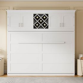 Queen Size Murphy Bed Wall Bed with Top Cabinets & Wine Rack ,White