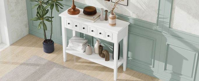 TREXM Rustic Console Table with Open Shelf, Rubber Wood Legs, Ideal for Entryways, Living Rooms, and Hallways (White)