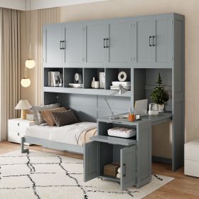 Twin Size Murphy Bed Wall Bed with Closet , Drawers & Desk-Gray