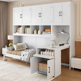 Twin Size Murphy Bed Wall Bed with Closet , Drawers & Desk-White