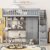 Full size Loft Bed with Bookshelf,Drawers,Desk,and Wardrobe-Gray