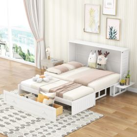 Queen Size Mobile Murphy Bed with Drawer and Little Shelves on Each Side,White (Color: White)