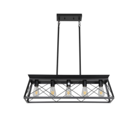 5 Lamps Farmhouse Chandelier For Dining Room, Metal Rustic Chandelier Island Lamp, Modern Rectangular Island Lamp For Kitchen, Living Room Pure B (Color: Black)