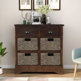 Rustic Storage Cabinet with Two Drawers and Four Classic Rattan Basket for Dining Room/Entryway/Living Room (Color: Espresso, Material: Solid Wood)