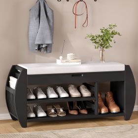 Retro Multifunctional Storage Bench with Cushion and Curved Side Panel for Entrance and Living Room (Color: Black, Material: MDF)