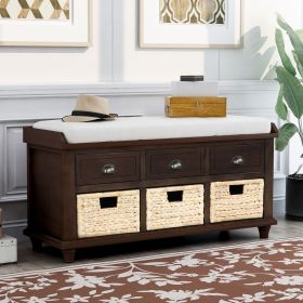 Rustic Storage Bench with 3 Drawers and 3 Rattan Baskets,Shoe Bench for Living Room,Entryway (Color: Espresso, Material: Solid Wood)