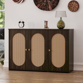 Retro 3-Door Sideboard with Large Storage Space Artificial Rattan Doors and Metal Handles,Accent Cabinet for Living Room and Hallway (Color: Brown, Material: Particle Board+MDF)