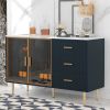 Modern Sideboard MDF Buffet Cabinet Marble Sticker Tabletop and Amber-yellow Tempered Glass Doors with Gold Metal Legs & Handles