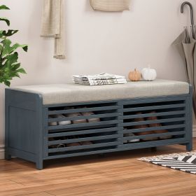 Distressed Shutter Storage Bench with Acacia Veneer for Retro Charm for Living Room,Entryway (Color: Navy, Material: MDF)