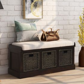 Rustic Storage Bench with 3 Removable Classic Rattan Basket ,Entryway Bench with Removable Cushion (Color: Espresso, Material: Solid Wood)