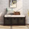 Rustic Storage Bench with 3 Removable Classic Rattan Basket ,Entryway Bench with Removable Cushion