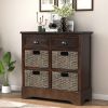 Rustic Storage Cabinet with Two Drawers and Four Classic Rattan Basket for Dining Room/Entryway/Living Room