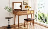 43.3" Classic Wood Makeup Vanity Set with Flip-top Mirror and Stool, Dressing Table with Three Drawers and storage space